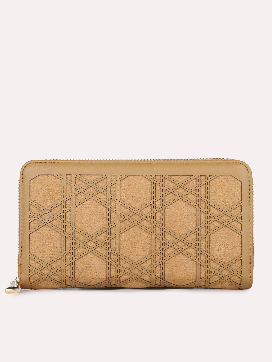 Womens Beige Party Textured Wallet With Zip Lock