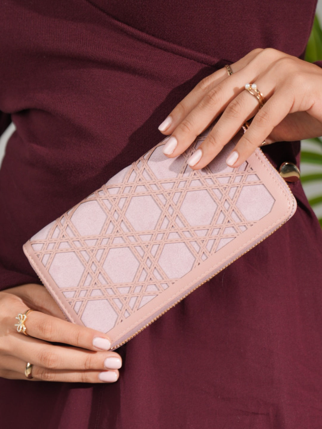 Womens Pink Party Textured Wallet With Zip Lock