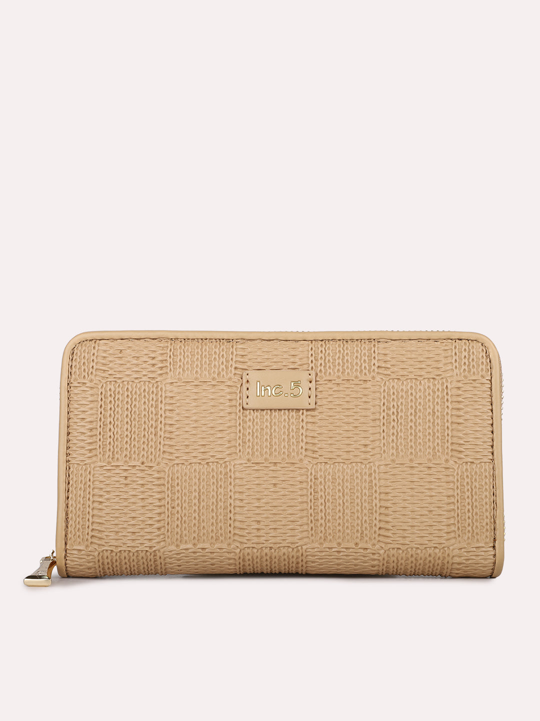 Womens Beige Casual Textured Wallet With Zip Lock