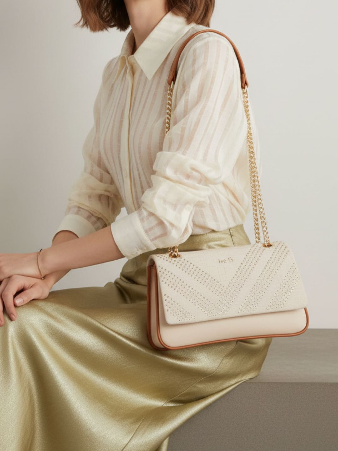 Women Beige Embellished Sling Bag With Magnet Lock For Casual