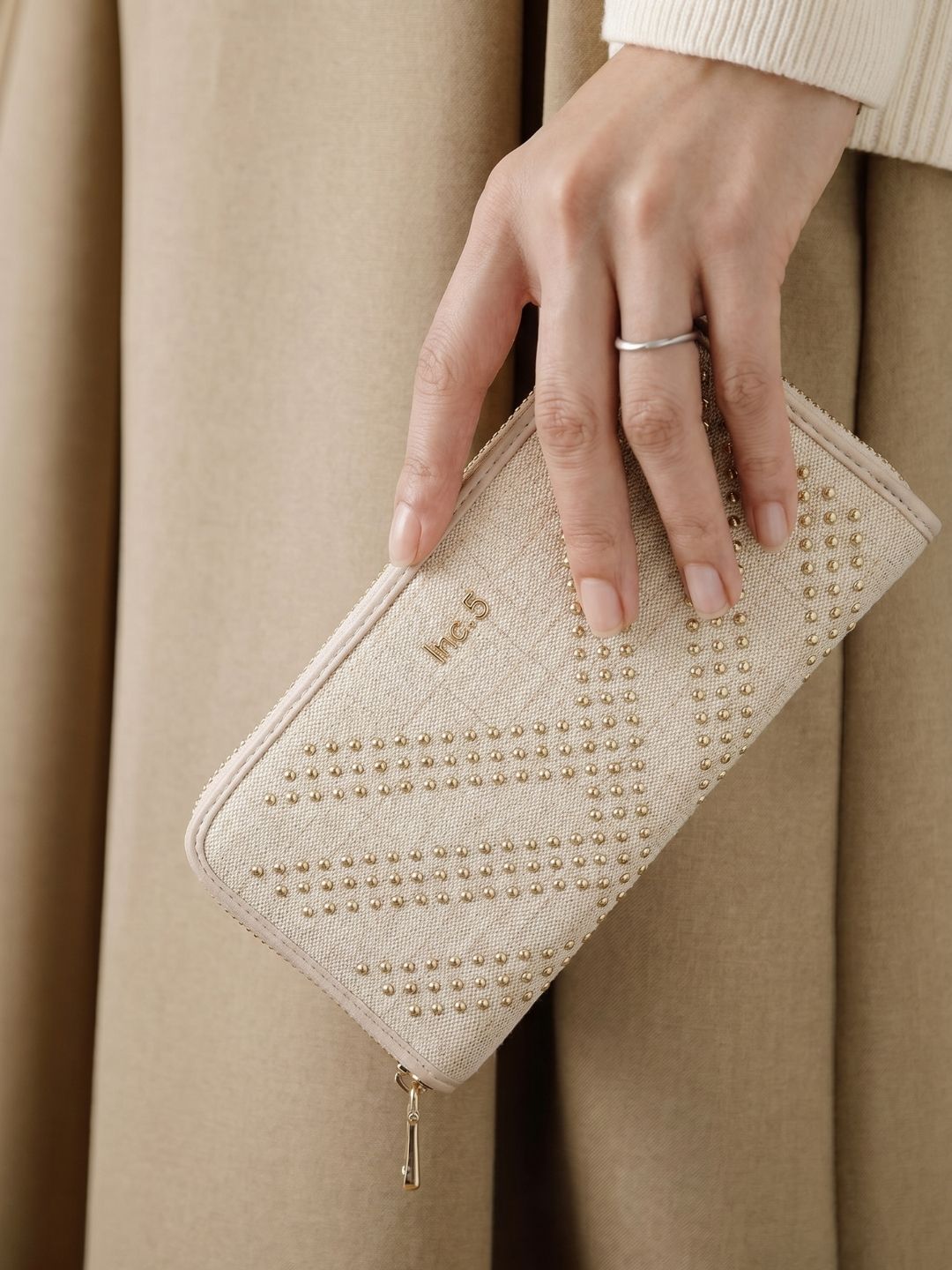 Women Beige Embellished Sling Bag With Zip Lock For Casual