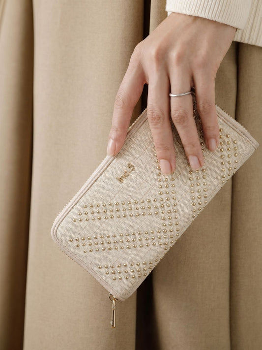 Women Beige Embellished Sling Bag With Zip Lock For Casual