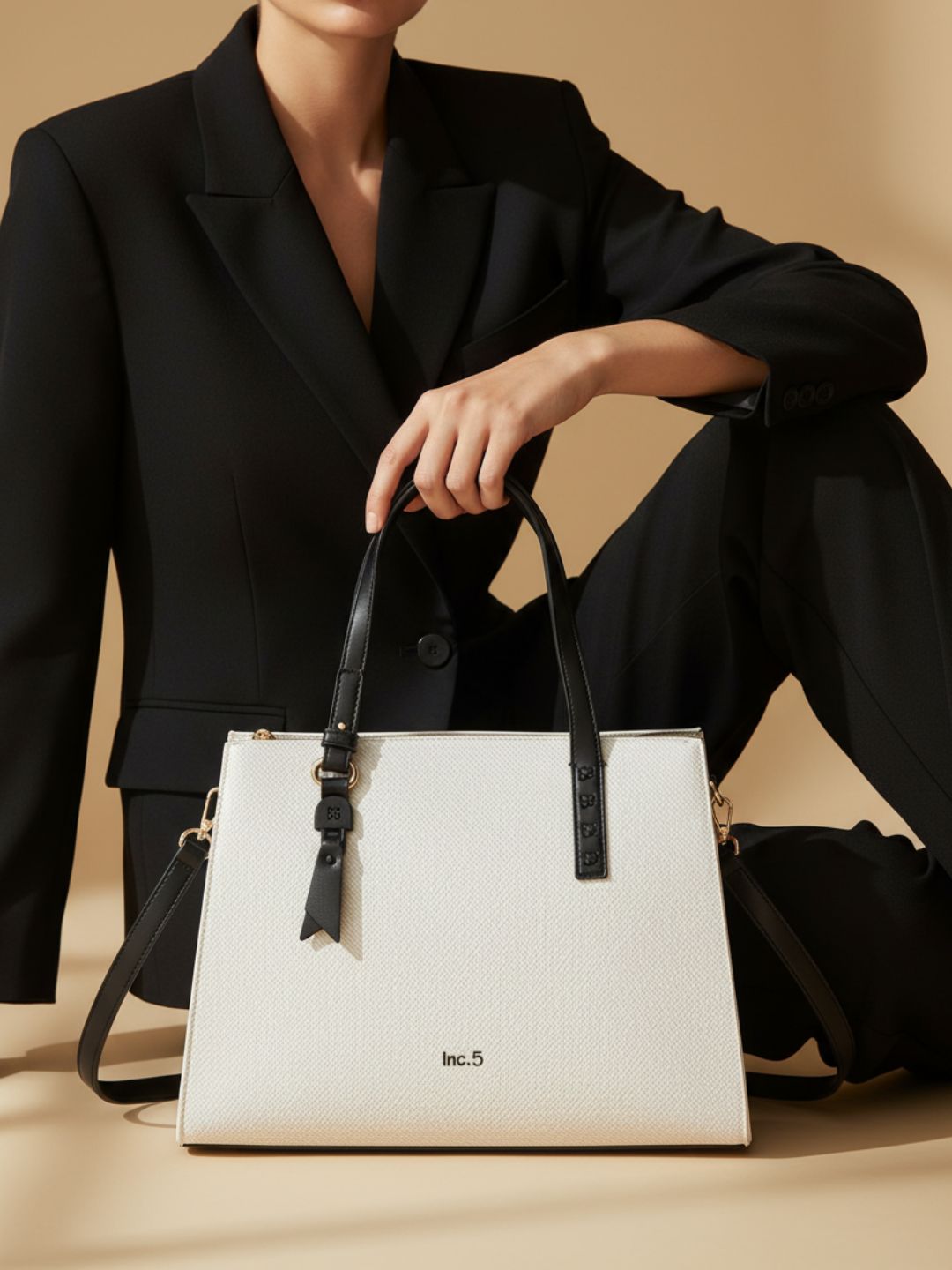 Women White/Black Textured Shoulder Bag With Zip Lock For Casual