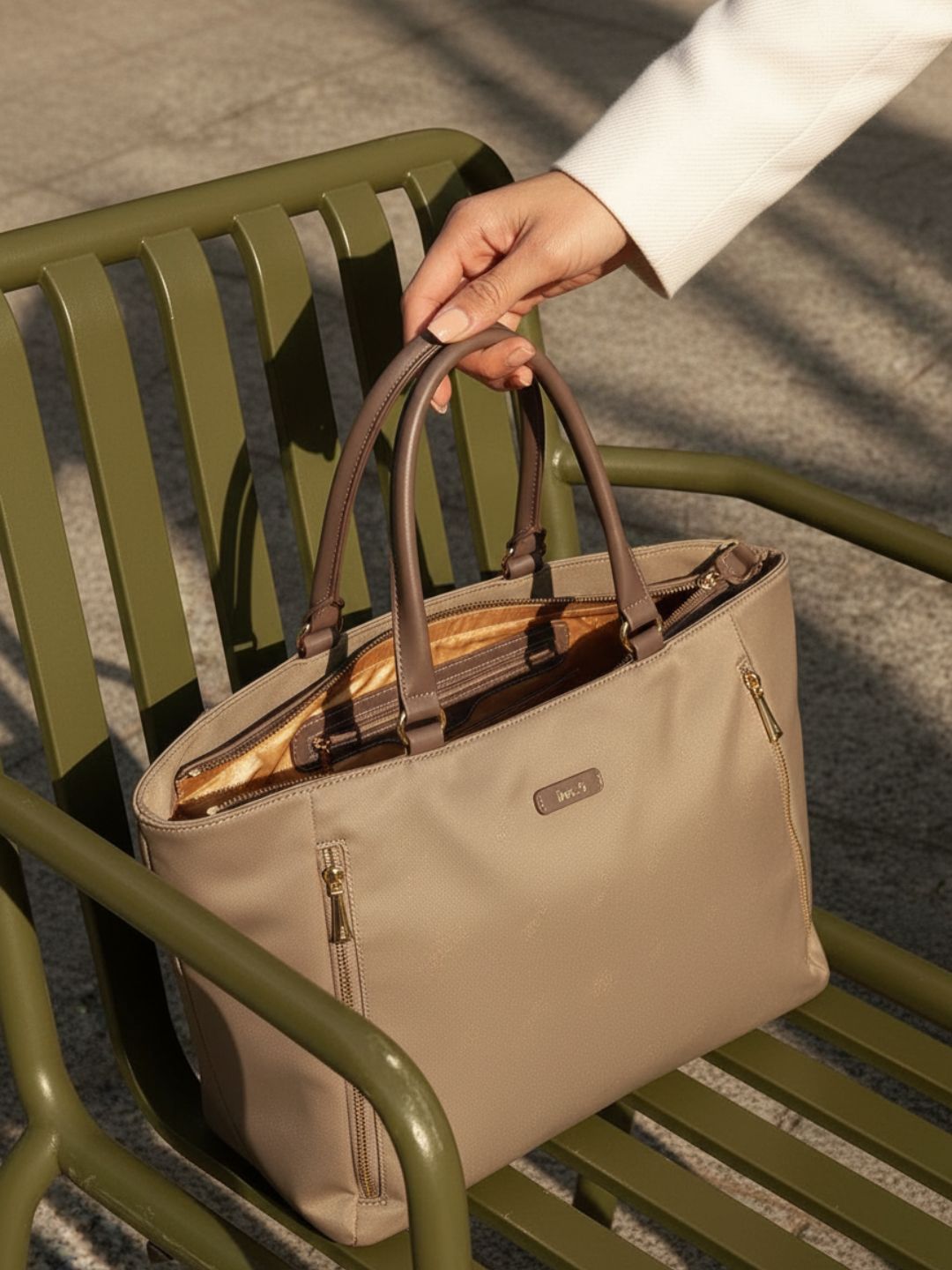 Women Khaki Solid Laptop Bag With Zip Lock For Casual