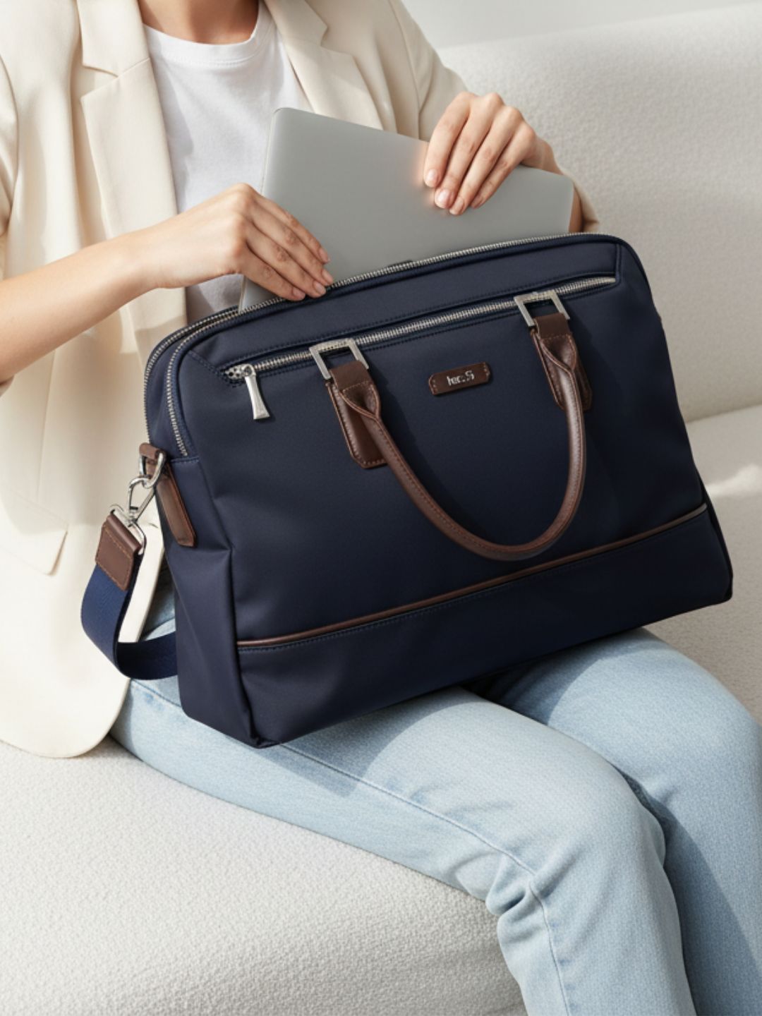 Women Navy Solid Laptop Bag With Zip Lock For Casual