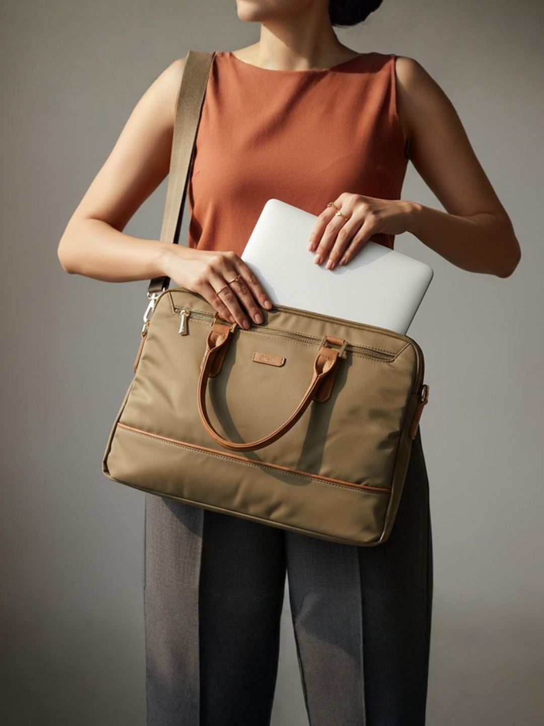 Women Olive Solid Laptop Bag With Zip Lock For Casual