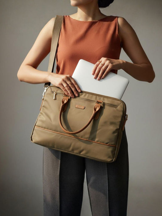Women Olive Solid Laptop Bag With Zip Lock For Casual