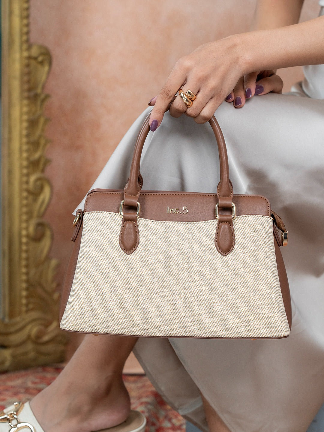 Womens Beige Casual Textured Handbag With Zip Lock