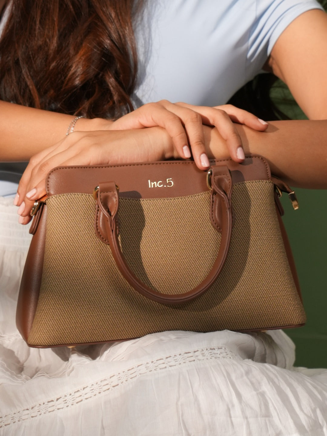 Womens Khaki Casual Textured Handbag With Zip Lock