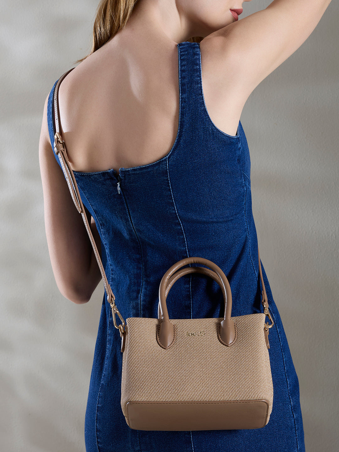 Womens Beige Shoulder Bag With Zip Lock For Casual