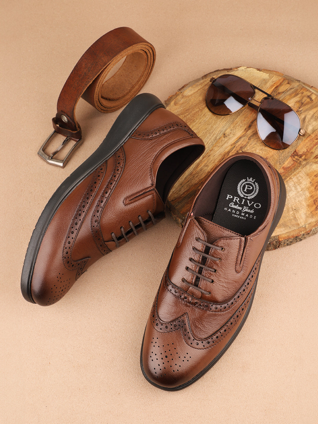 Men Tan Textured Formal Lace Up Derby Shoes