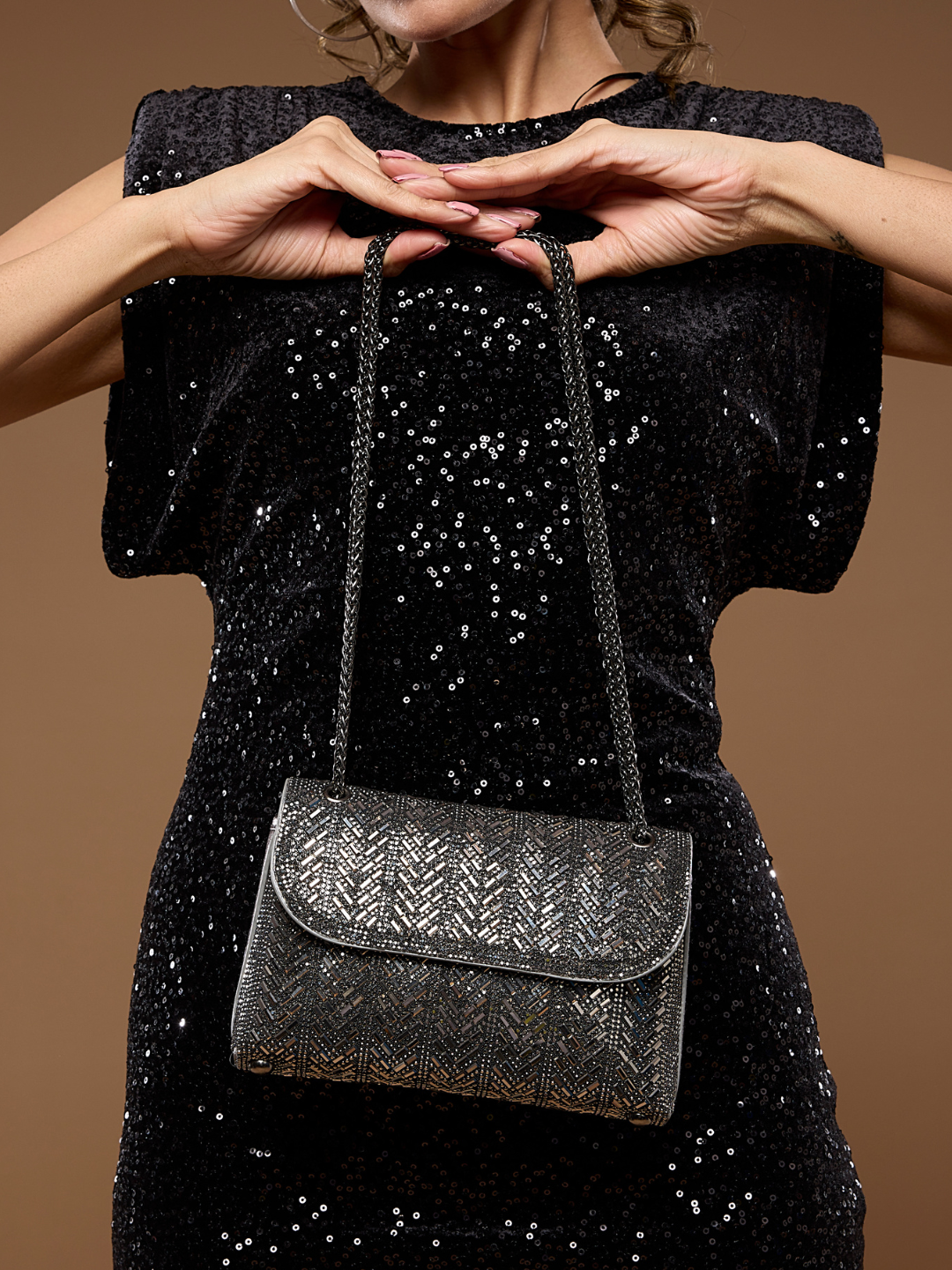 Womens Grey Embellished Sling Bag