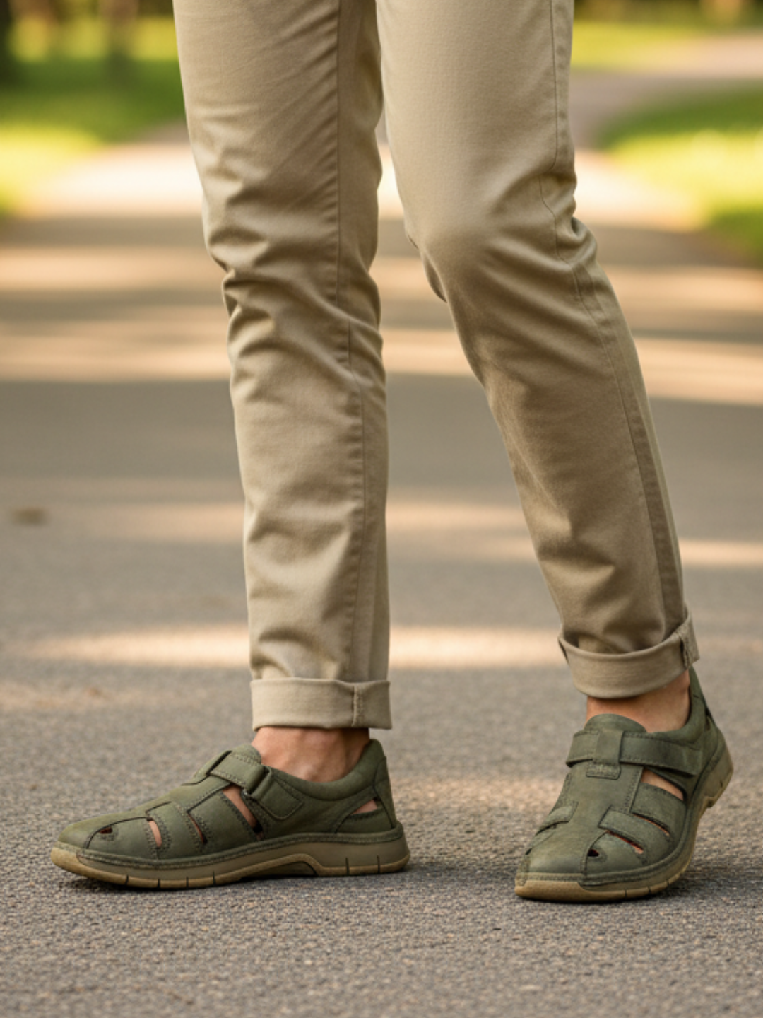 Mens Olive Casual Solid Round Toe Sandals