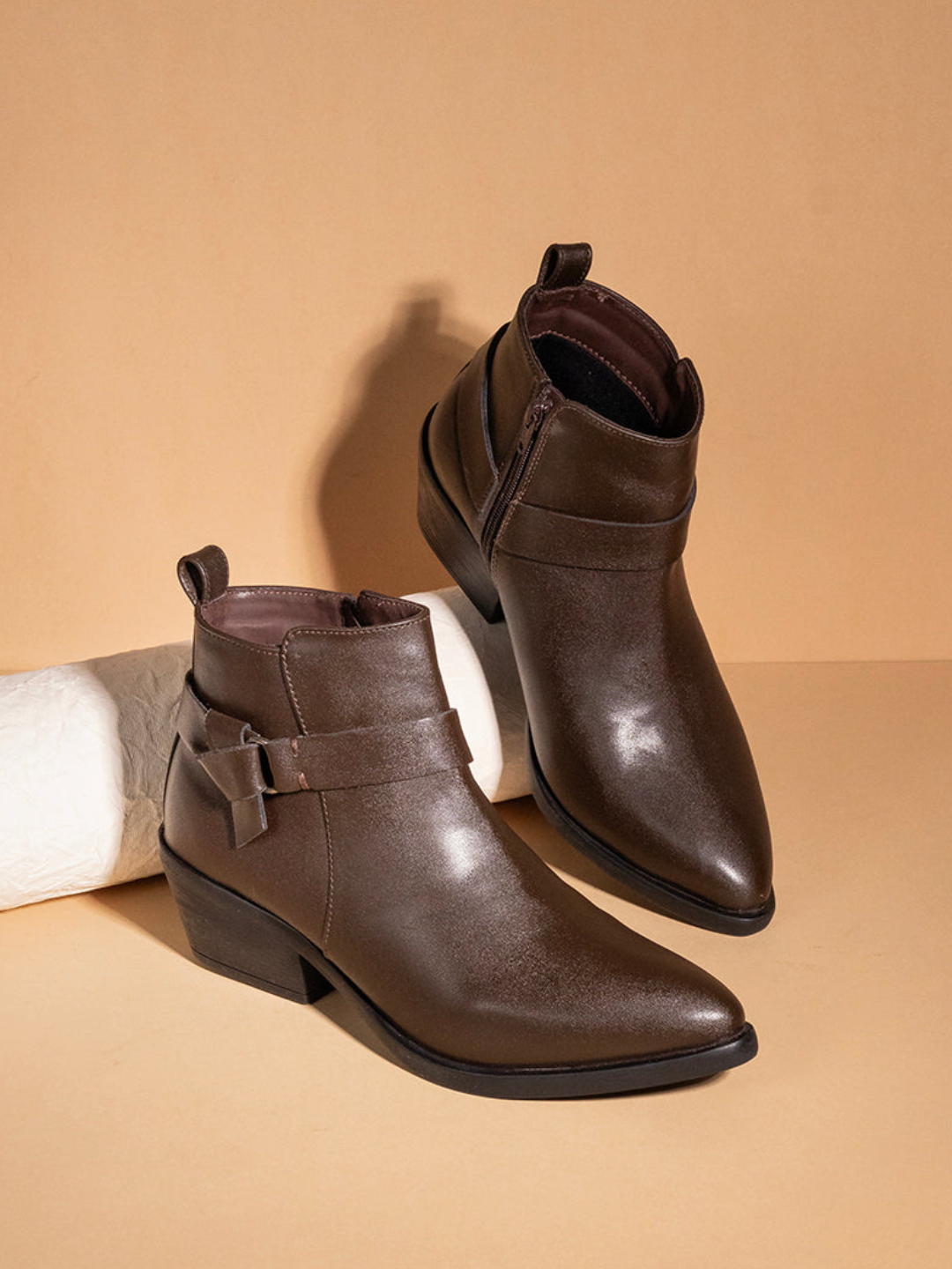 Womens Brown Party Wear Solid Pointed Toe Block Heel Ankle Boots