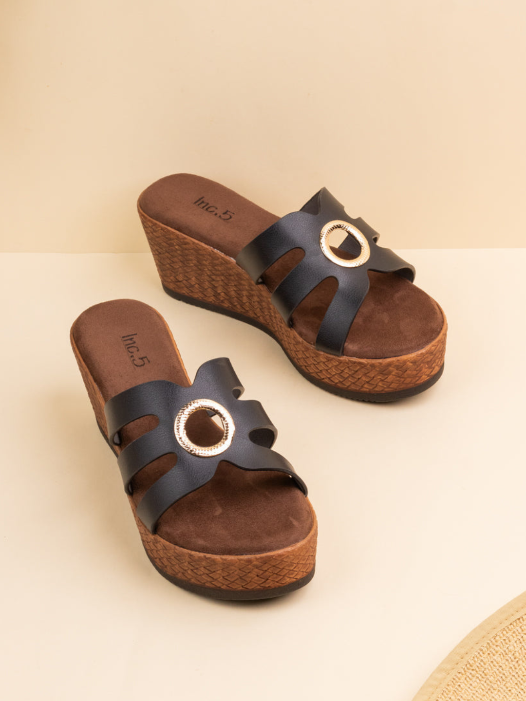 Womens Black Party Wear Striped Round Toe Wedge Heel Sandals