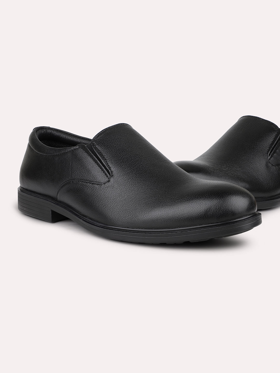 Men Black Solid Leather Formal Slip-Ons Shoes