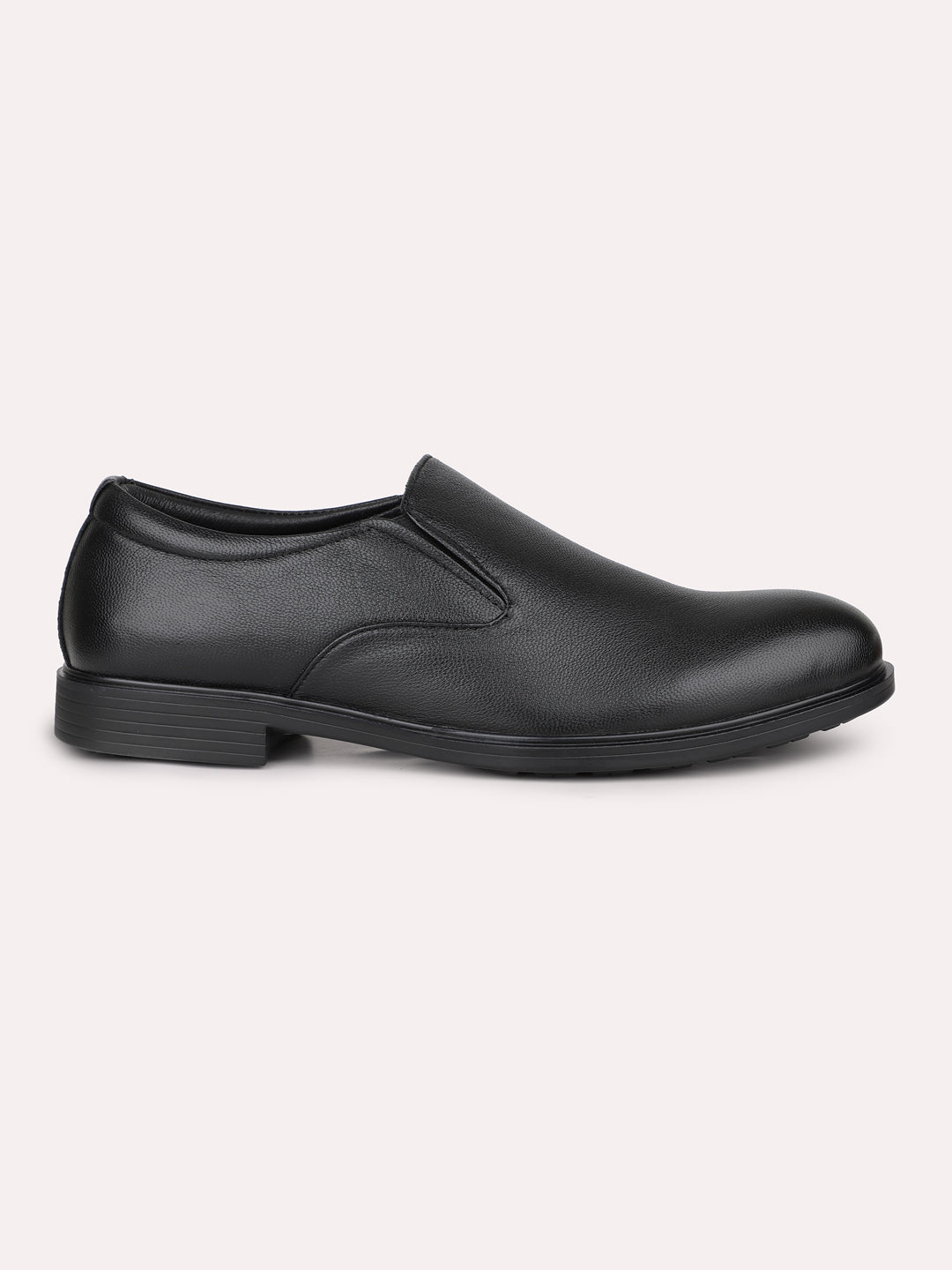 Men Black Solid Leather Formal Slip-Ons Shoes
