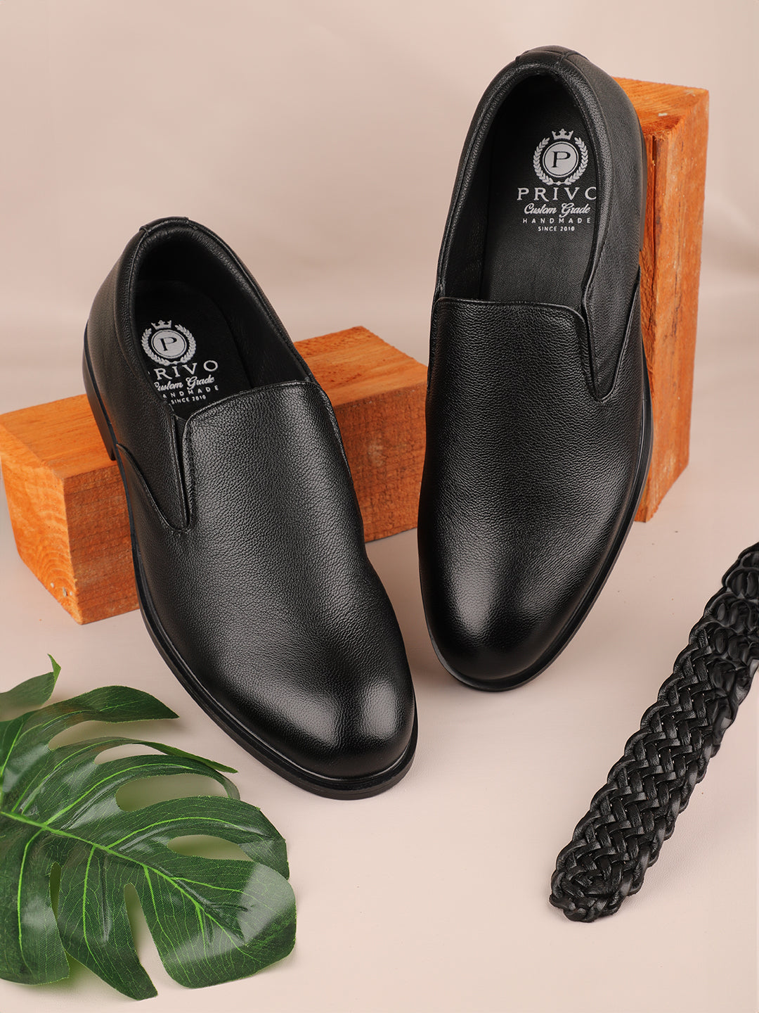 Men Black Solid Leather Formal Slip-Ons Shoes