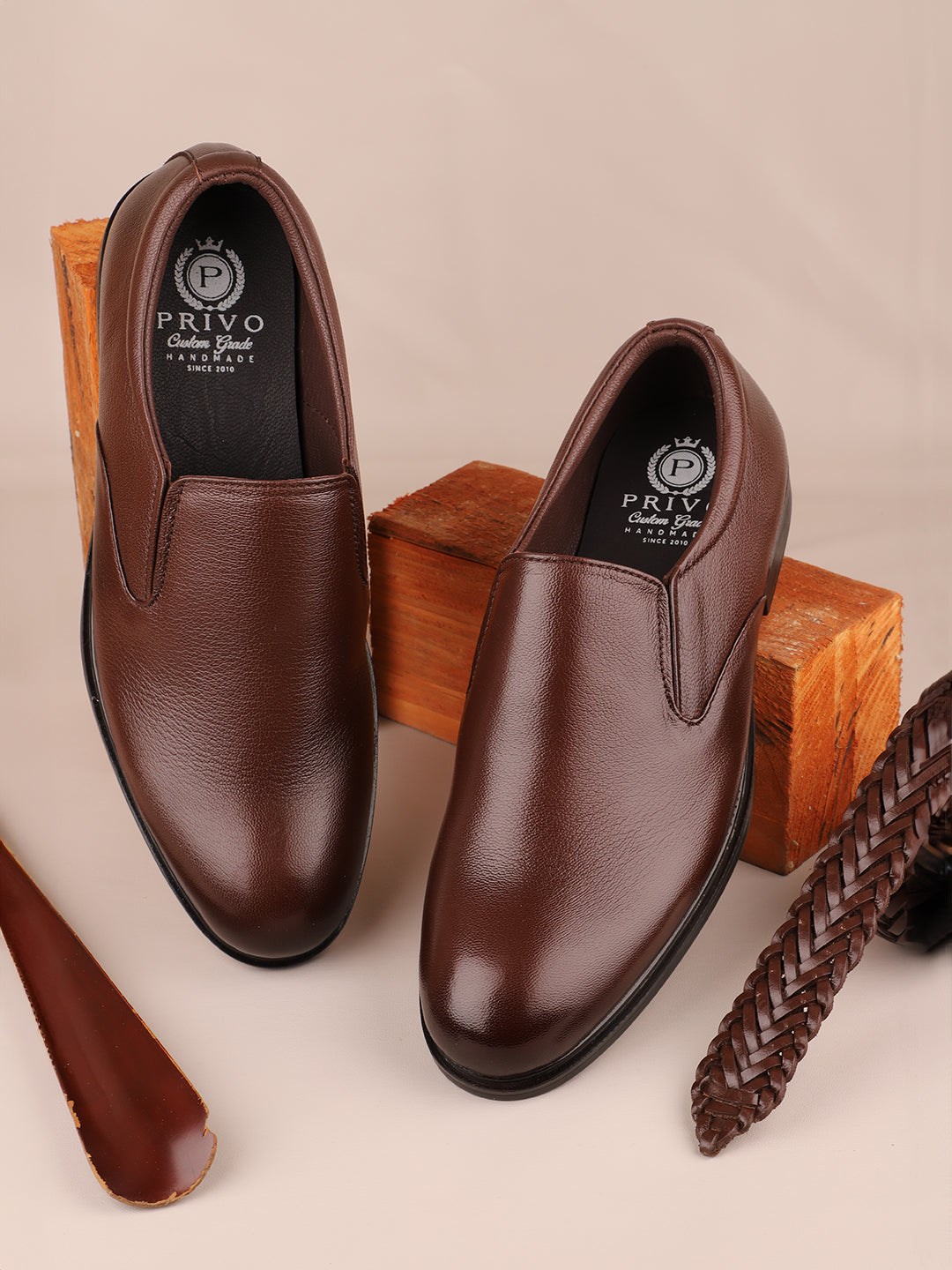 Men Cherry Solid Leather Formal Slip-Ons Shoes