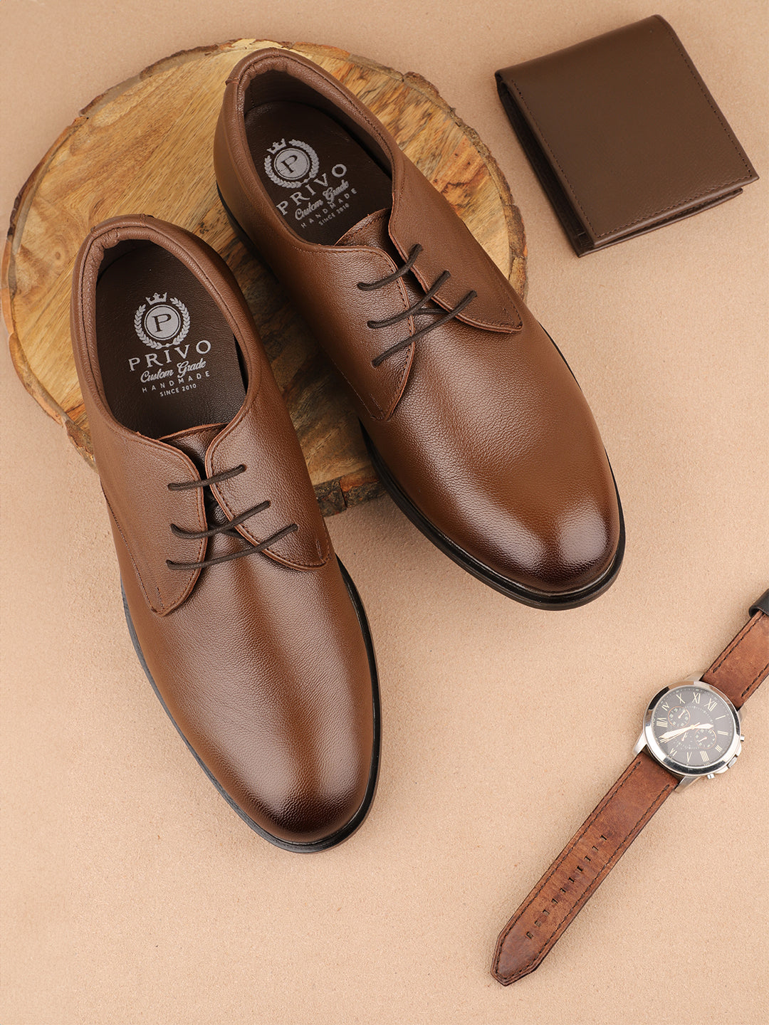 Men Tan Solid Formal Lace Up Derby Shoes