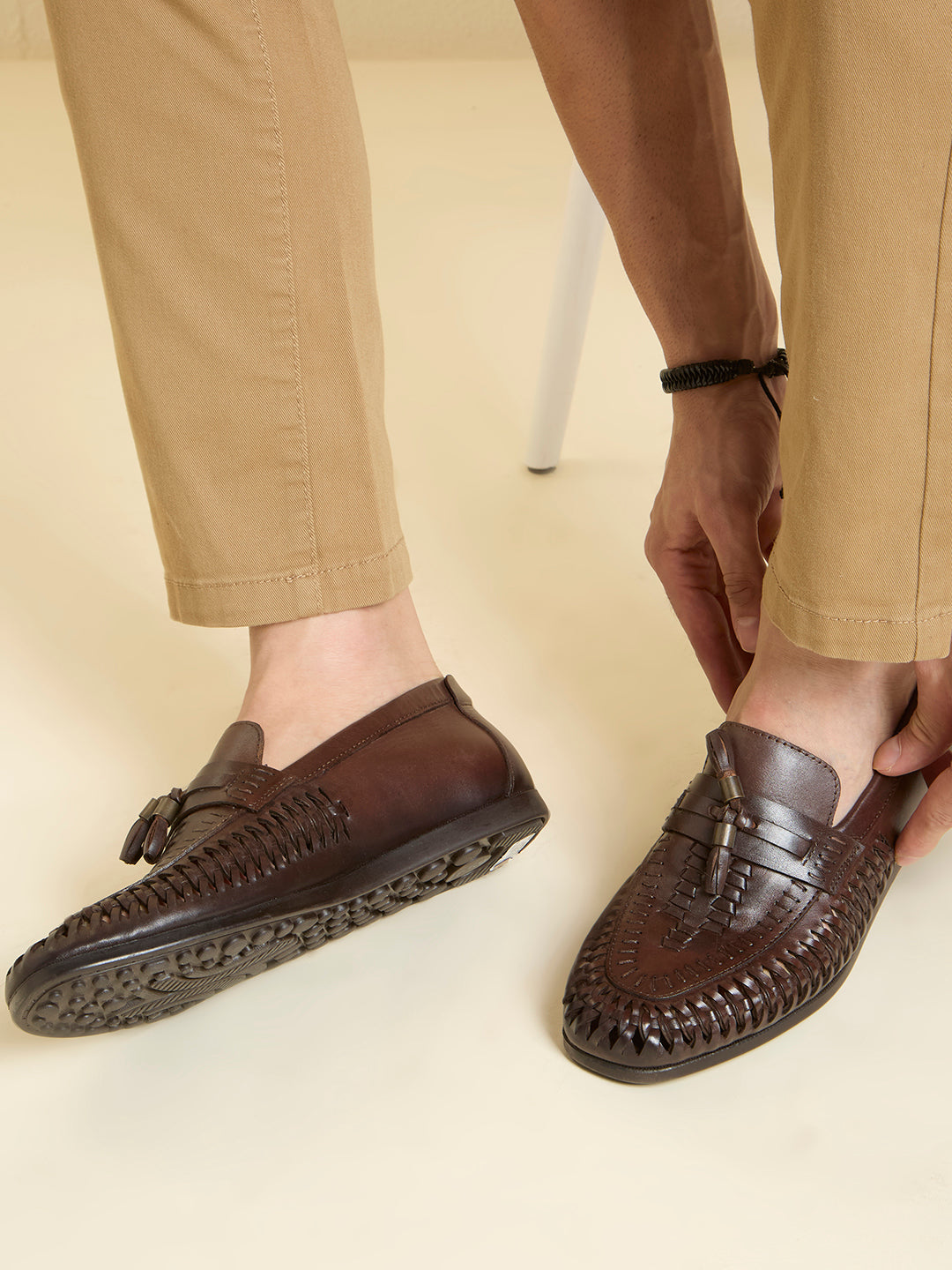Men Dark Brown Textured Tassel Casual Slip-Ons Loafers