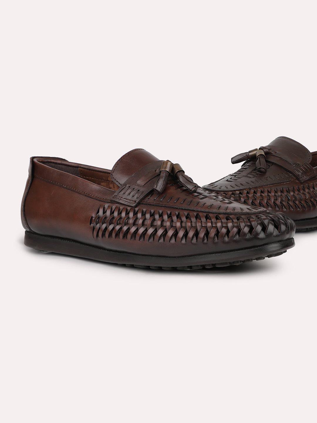 Men Dark Brown Textured Tassel Casual Slip-Ons Loafers