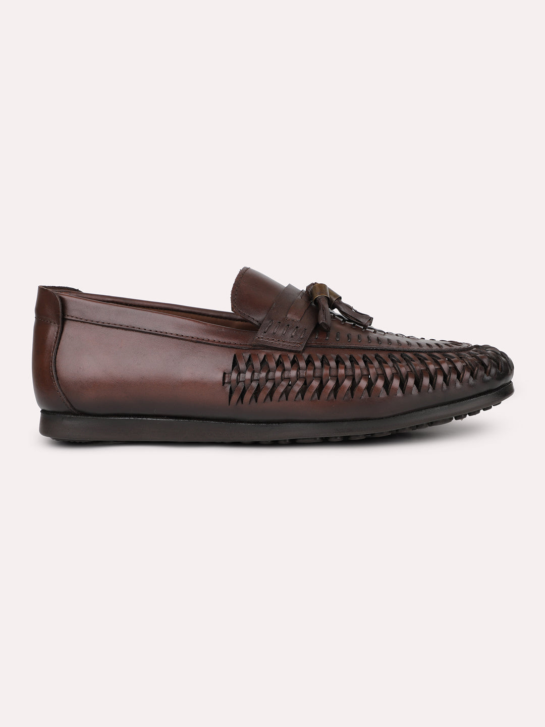 Men Dark Brown Textured Tassel Casual Slip-Ons Loafers