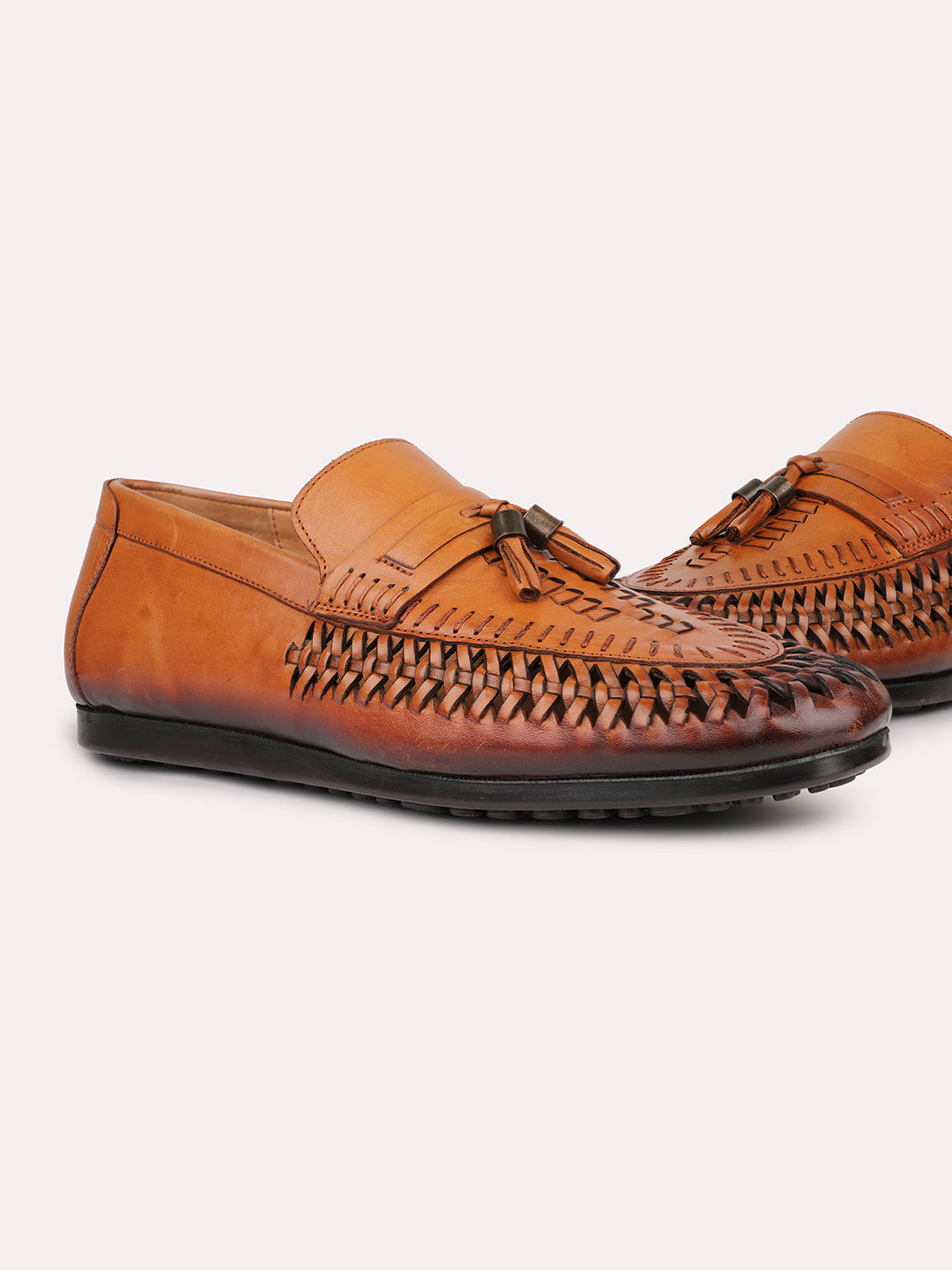 Men Tan Textured Tassel Casual Slip-Ons Loafers