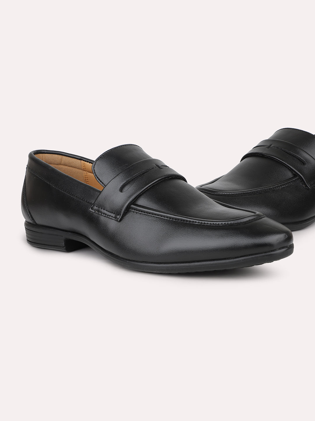 Men Black Solid Leather Formal Slip-Ons Shoes