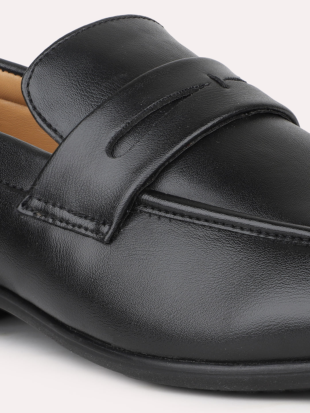 Men Black Solid Leather Formal Slip-Ons Shoes