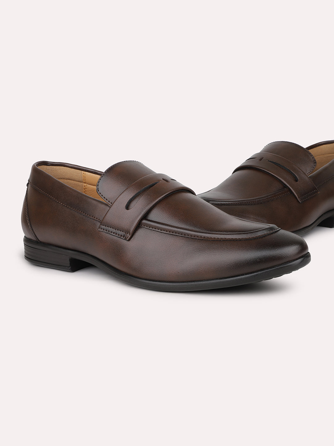 Men Brown Solid Leather Formal Slip-Ons Shoes