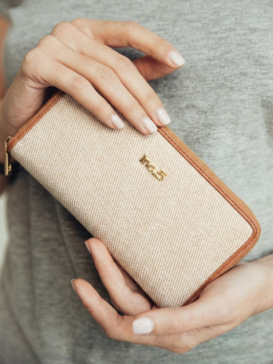 Women Beige Textured Bi-Folds Bag With Zip Lock For Casual