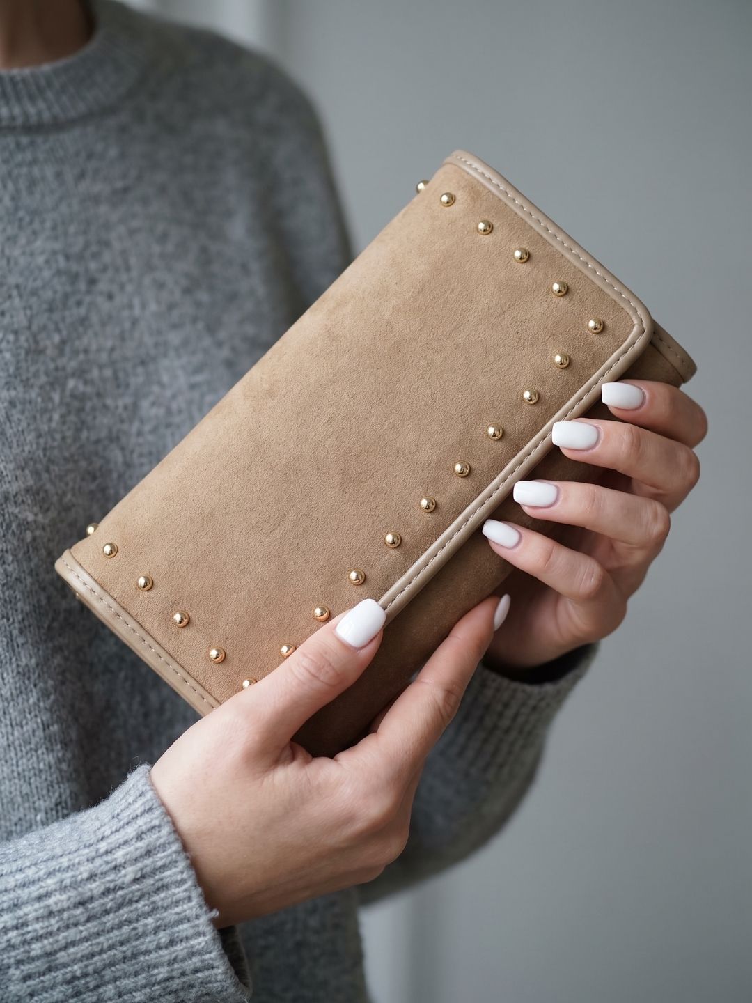 Women Beige Embellished Bi-Folds Bag With Magnet Lock For Casual