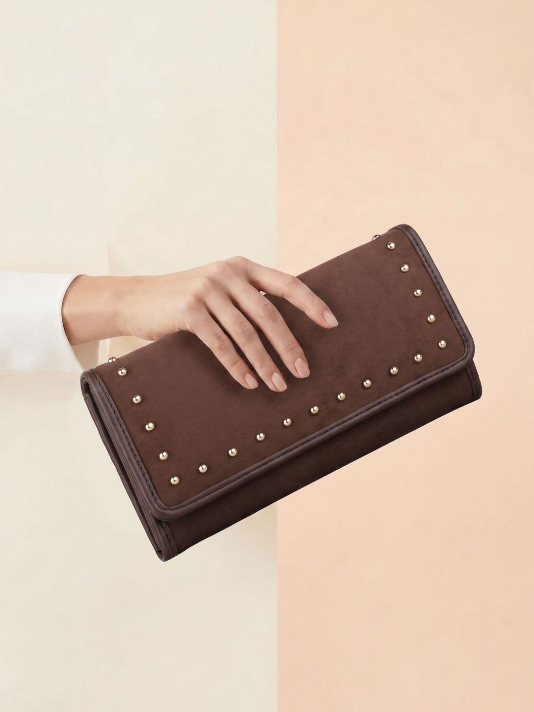 Women Brown Embellished Bi-Folds Bag With Magnet Lock For Casual
