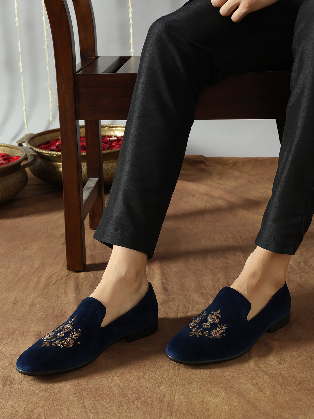 Men Blue Ethnic Embroidered Comfort Slip-Ons Shoes