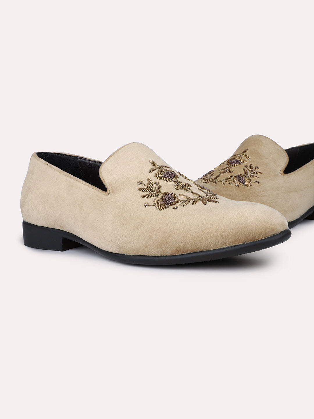 Men Beige Ethnic Embroidered Comfort Slip-Ons Shoes