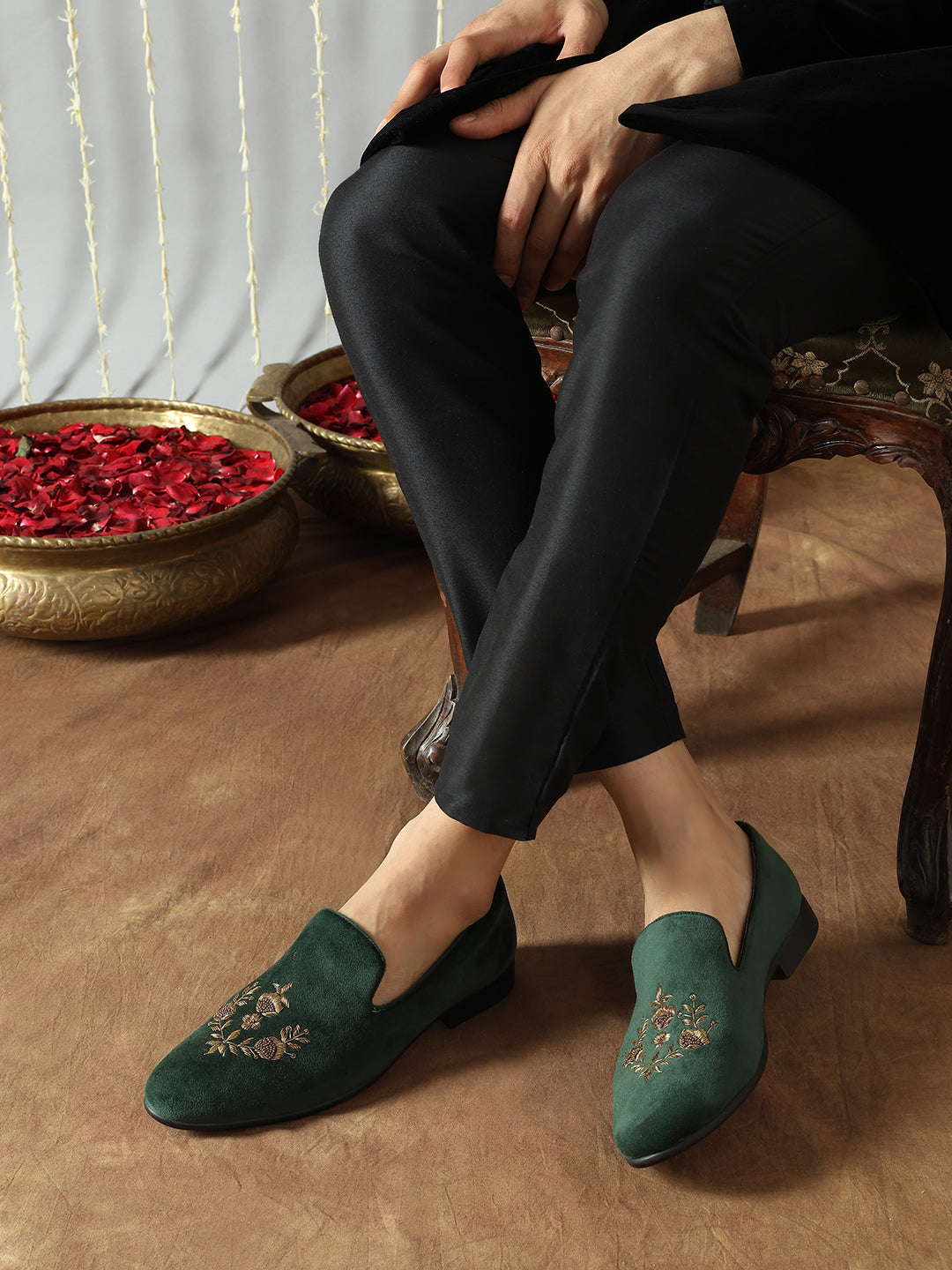 Men Green Ethnic Embroidered Comfort Slip-Ons Shoes