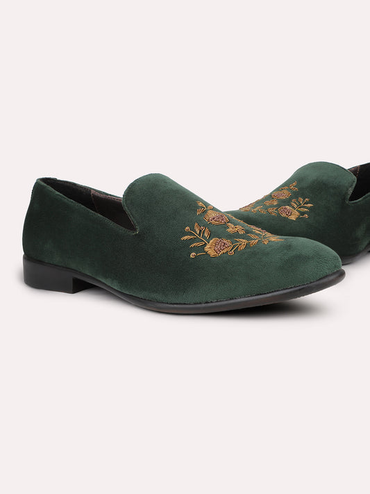 Men Green Ethnic Embroidered Comfort Slip-Ons Shoes