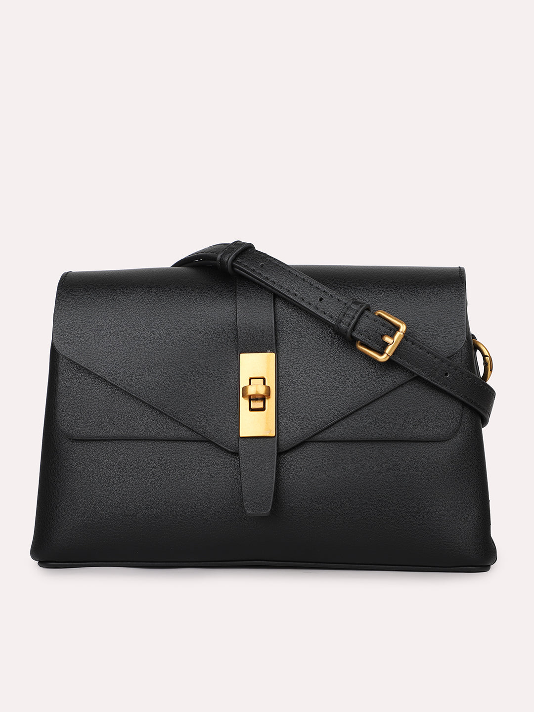 Women Black Solid Structured Sling Bag with Front Lock Detail