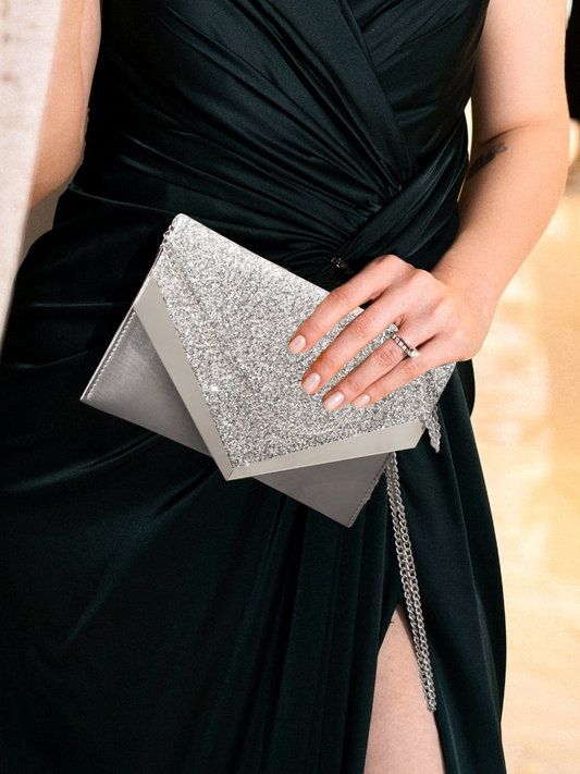 Women Silver Toned Embellished Envelope Clutch