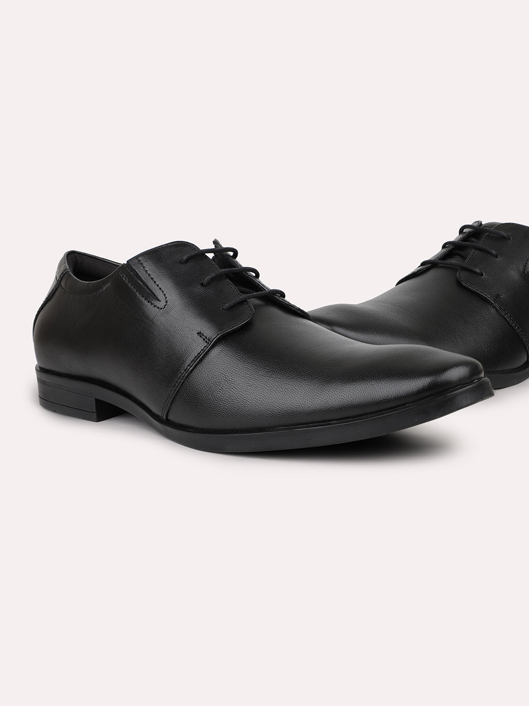 Men Black Solid Leather Formal Lace-Ups Derbys