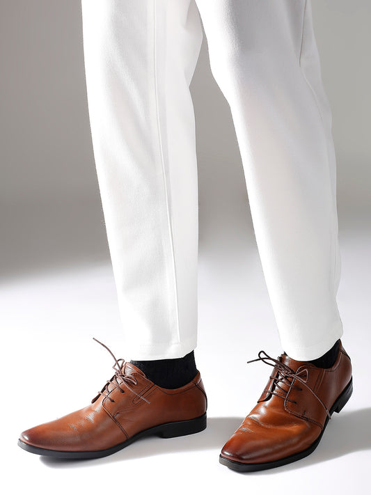 Men Tan Solid Leather Formal Lace-Ups Derbys