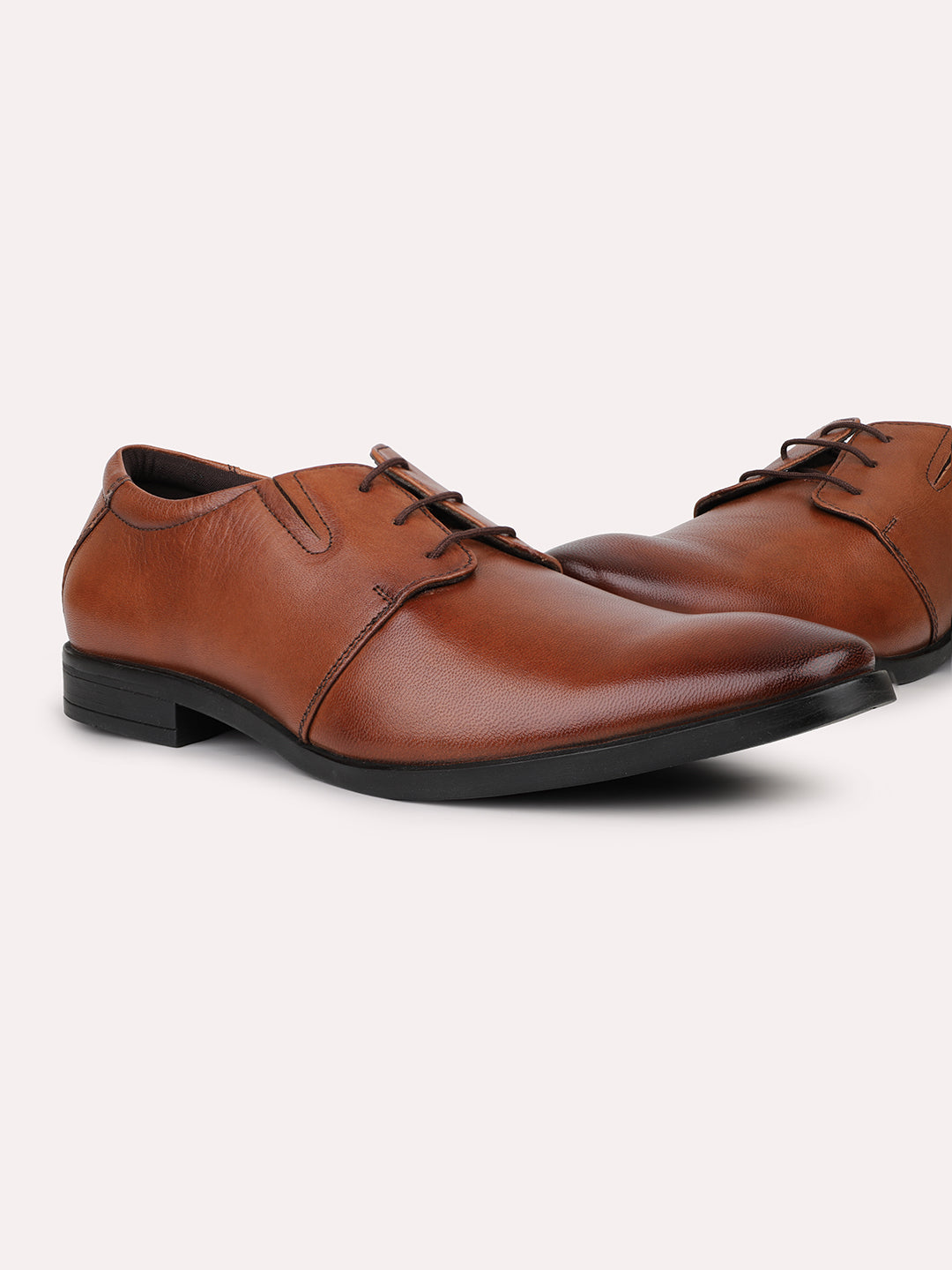 Men Tan Solid Leather Formal Lace-Ups Derbys