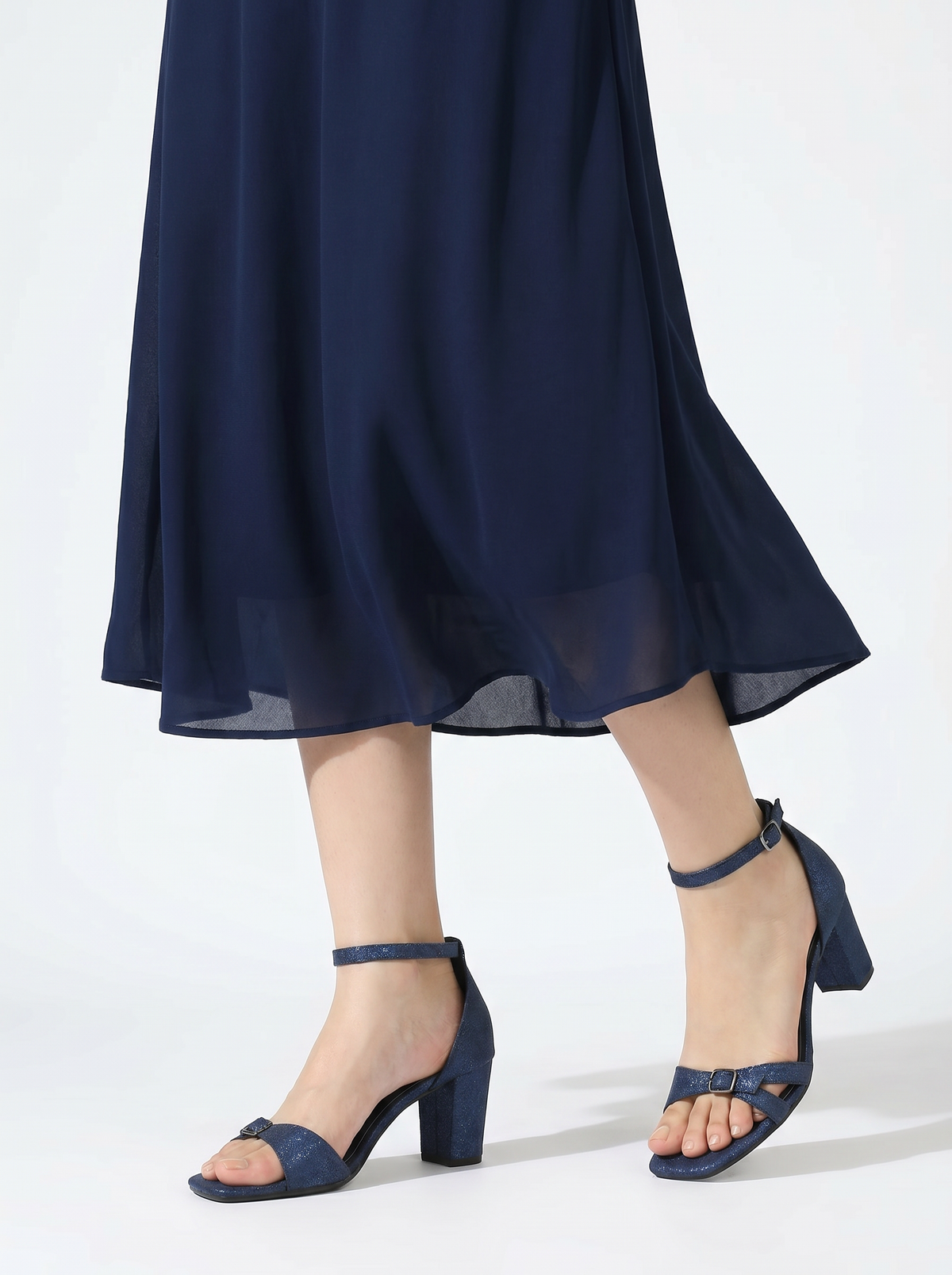 Women Navy Textured Block Heels With Ankle Loop