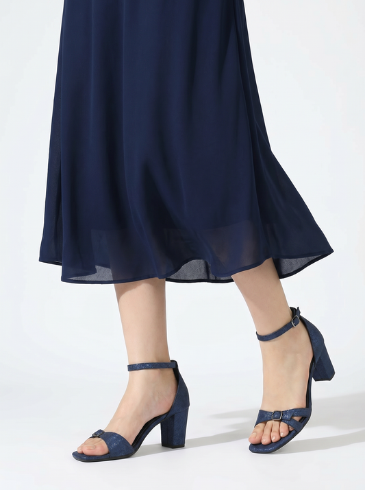Women Navy Textured Block Heels With Ankle Loop