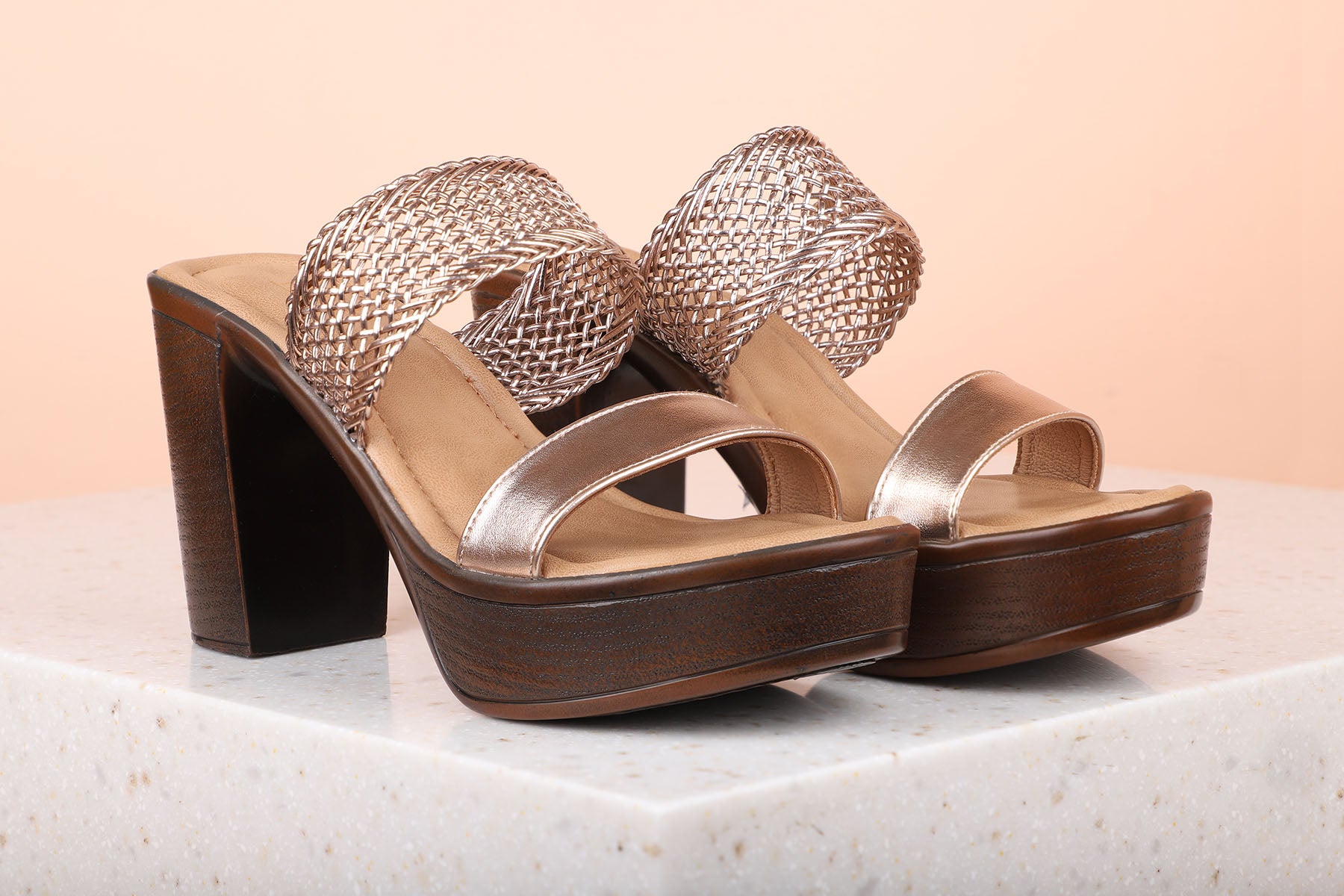 WOVEN BLOCK HEEL-ROSE GOLD-Women's Sandal-Inc5 Shoes