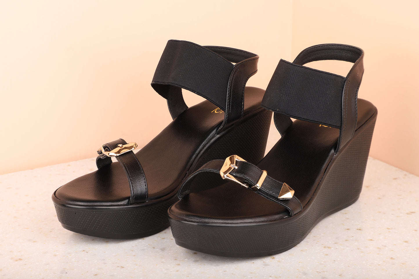 Women Black Wedge Sandals with Buckles