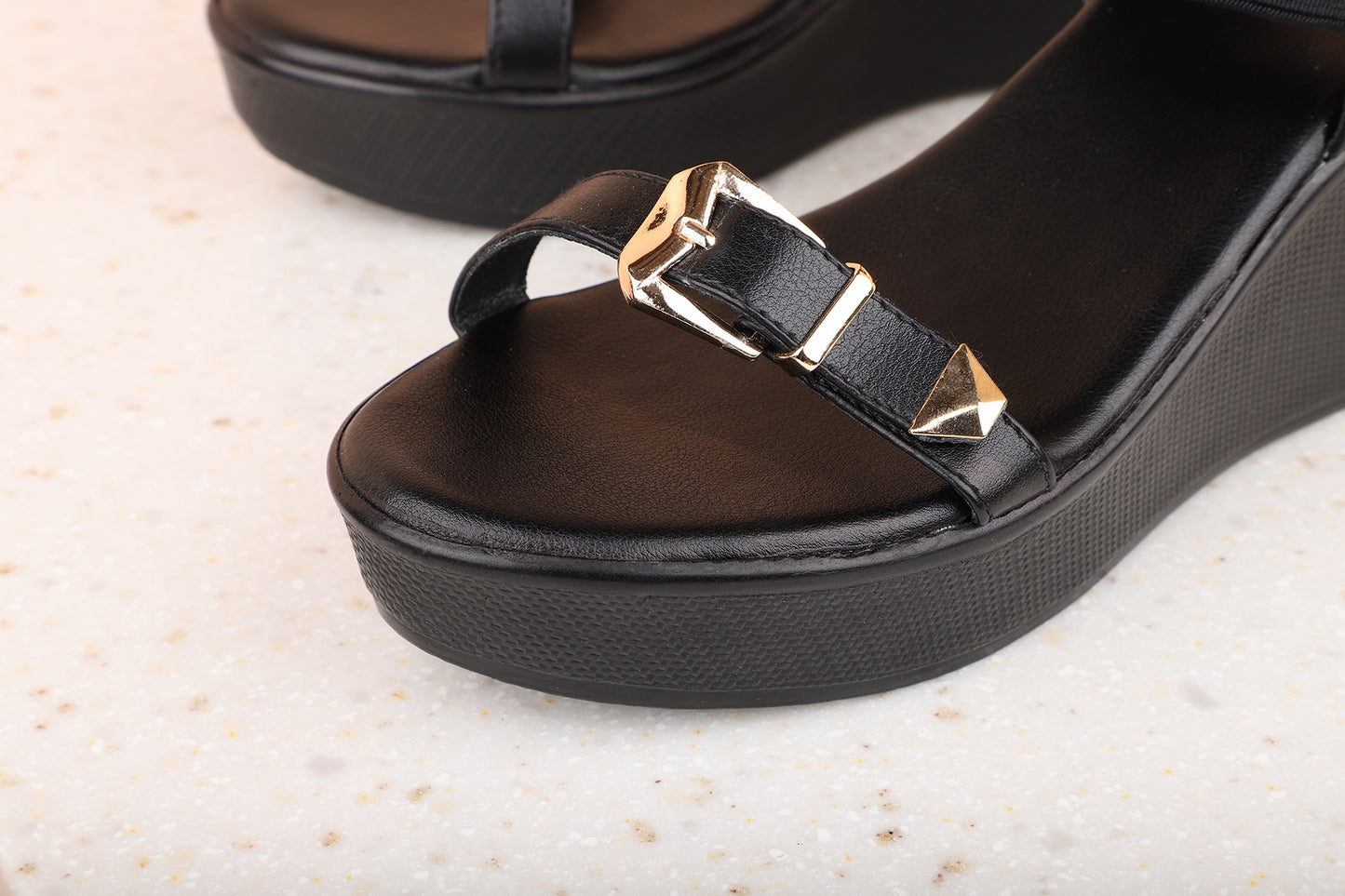 Women Black Wedge Sandals with Buckles