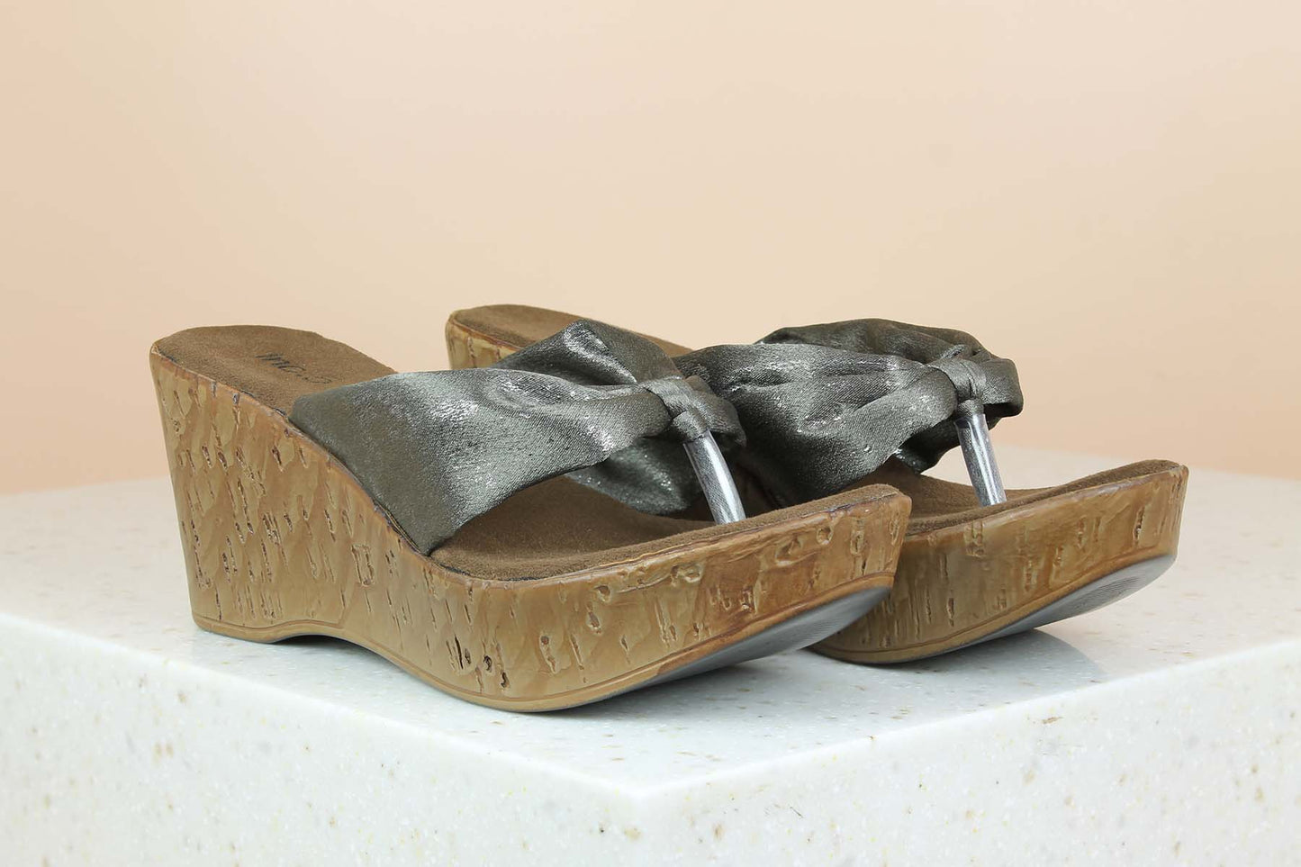 Women Gun Metal Textured Wedge Sandals