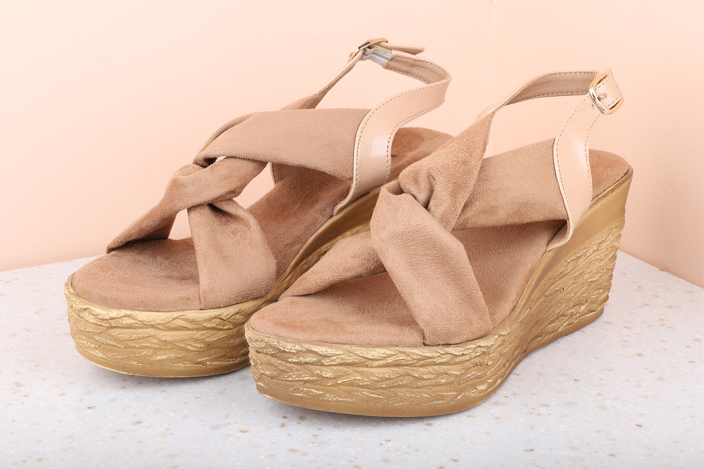 Women Beige Suede Wedge Sandals